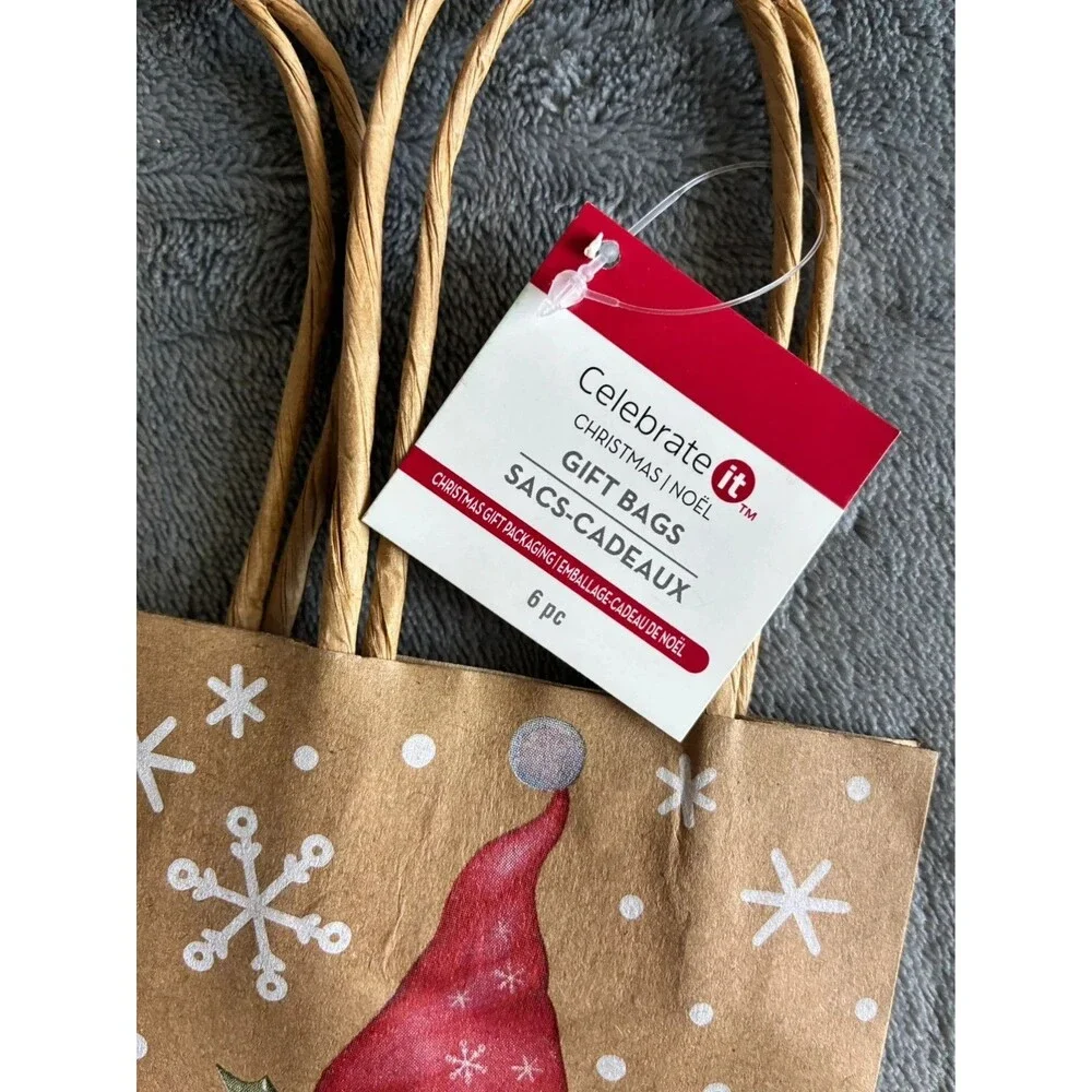 Set of 6 Mini Christmas Gift Bags Gnome Kraft Paper Holiday Bags